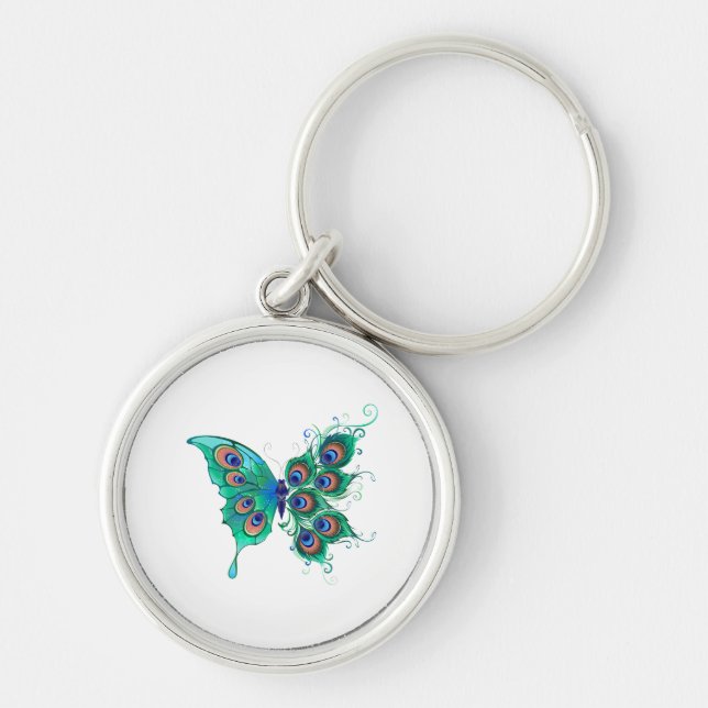 Butterfly with Green Peacock Feathers Keychain (Front)