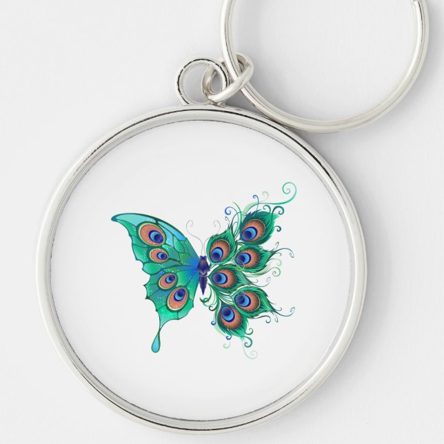Butterfly with Green Peacock Feathers Keychain (Front)