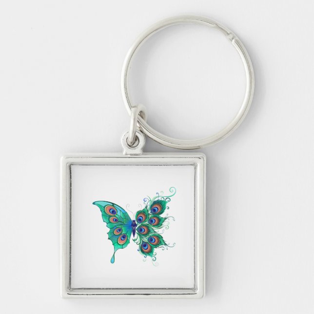 Butterfly with Green Peacock Feathers Keychain (Front)