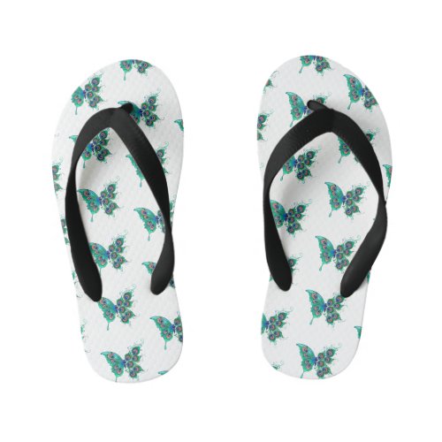 Butterfly with Green Peacock Feathers Kids Flip Flops