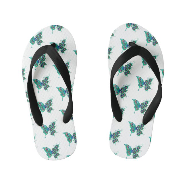 Butterfly with Green Peacock Feathers Kid's Flip Flops (Footbed)