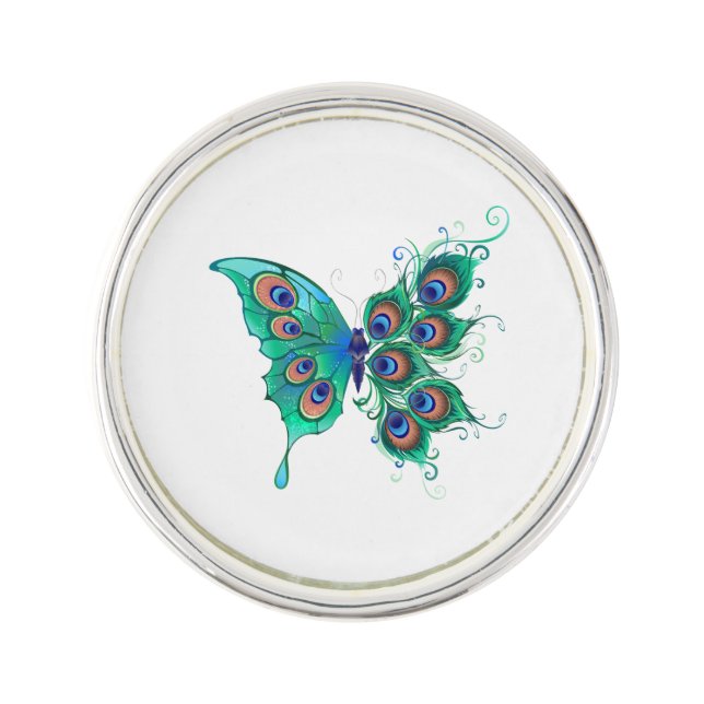 Butterfly with Green Peacock Feathers Lapel Pin (Front)