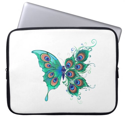 Butterfly with Green Peacock Feathers Laptop Sleeve