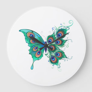 Butterfly with Green Peacock Feathers Large Clock