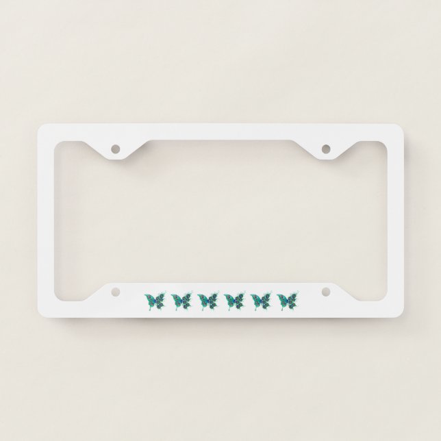 Butterfly with Green Peacock Feathers License Plate Frame (Front)