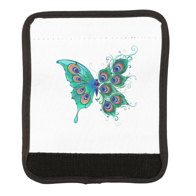 Butterfly with Green Peacock Feathers Luggage Handle Wrap (Front)