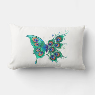 Butterfly with Green Peacock Feathers Lumbar Pillow