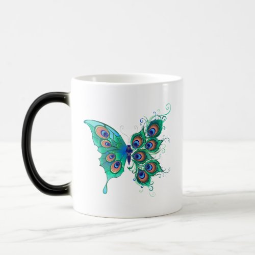 Butterfly with Green Peacock Feathers Magic Mug