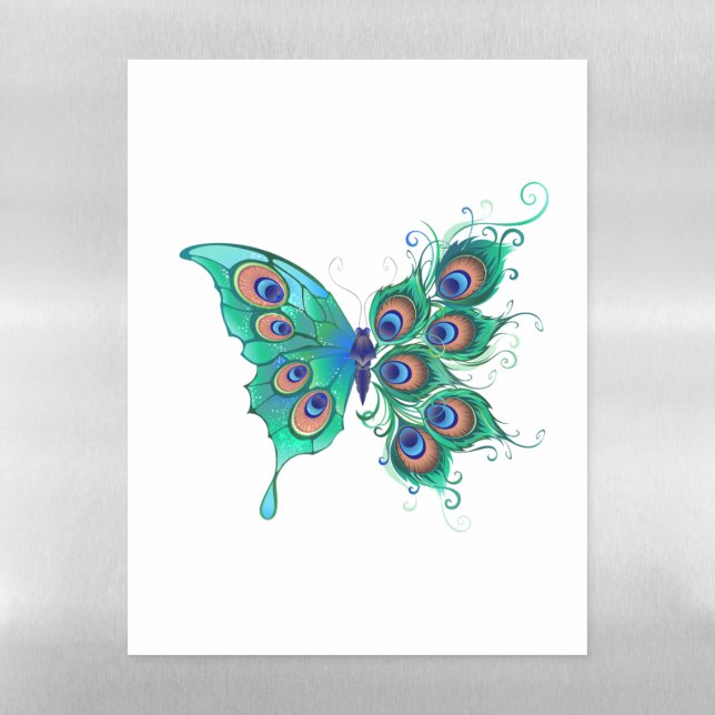 Butterfly with Green Peacock Feathers Magnetic Dry Erase Sheet (Vertical)