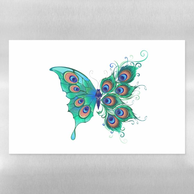 Butterfly with Green Peacock Feathers Magnetic Dry Erase Sheet (Horizontal)