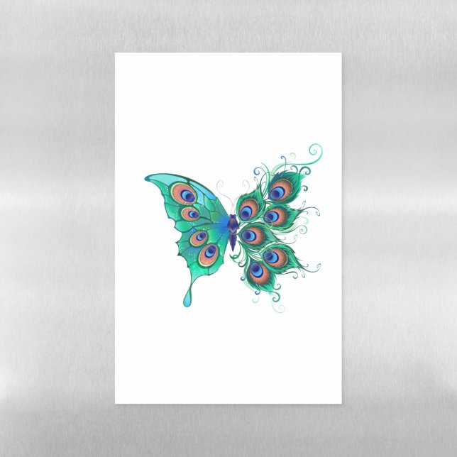 Butterfly with Green Peacock Feathers Magnetic Dry Erase Sheet (Vertical)