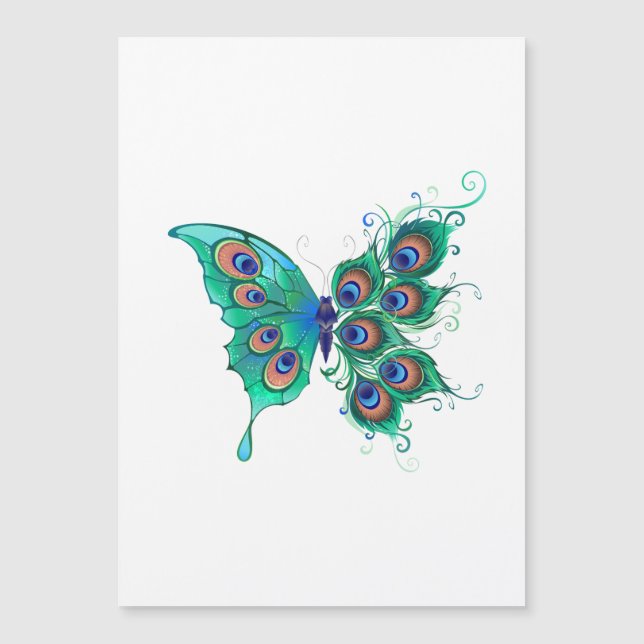 Butterfly with Green Peacock Feathers Magnetic Invitation (Front)