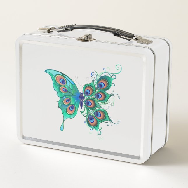 Butterfly with Green Peacock Feathers Metal Lunch Box (Front)