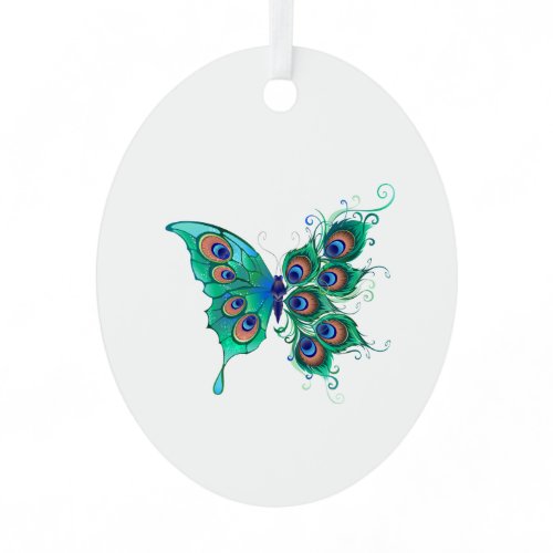 Butterfly with Green Peacock Feathers Metal Ornament