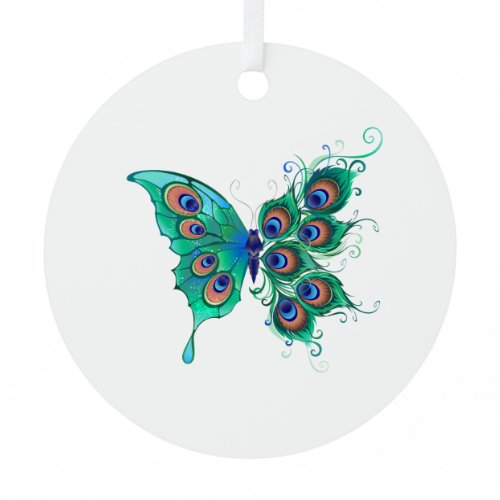 Butterfly with Green Peacock Feathers Metal Ornament
