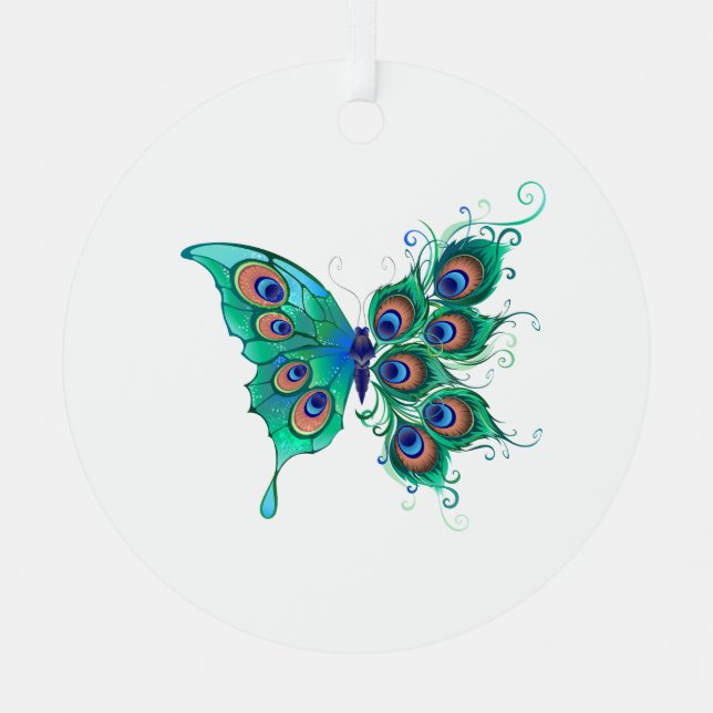 Butterfly with Green Peacock Feathers Metal Ornament (Front)