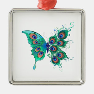 Butterfly with Green Peacock Feathers Metal Ornament