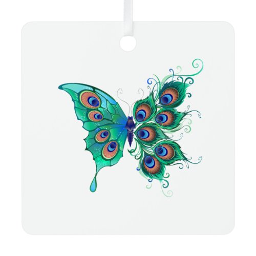 Butterfly with Green Peacock Feathers Metal Ornament