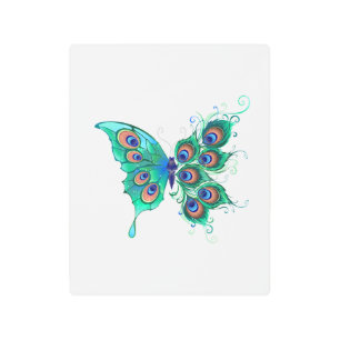 Butterfly with Green Peacock Feathers Metal Print