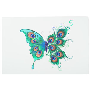 Butterfly with Green Peacock Feathers Metal Print