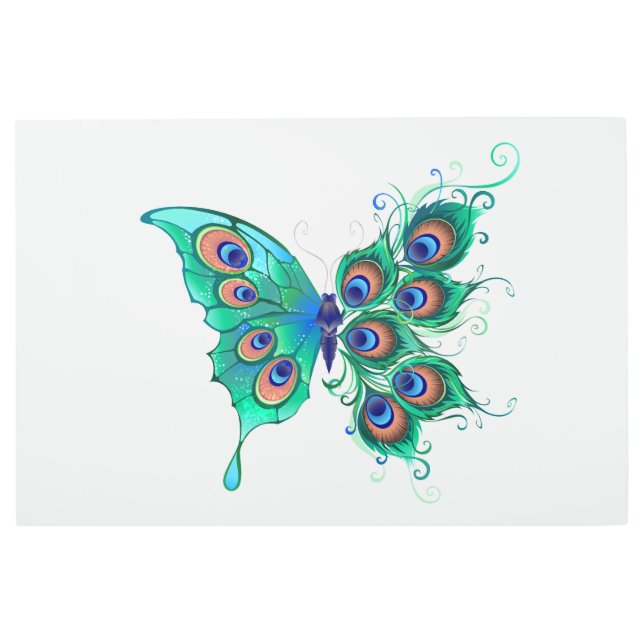 Butterfly with Green Peacock Feathers Metal Print (Front)