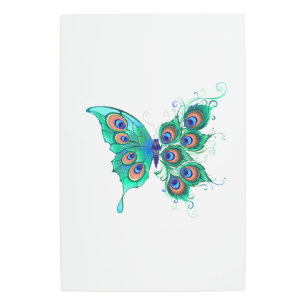 Butterfly with Green Peacock Feathers Metal Print