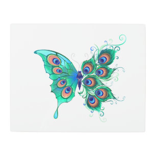Butterfly with Green Peacock Feathers Metal Print
