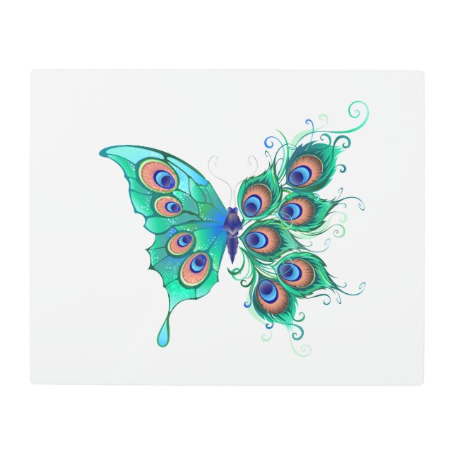 Butterfly with Green Peacock Feathers Metal Print (Front)