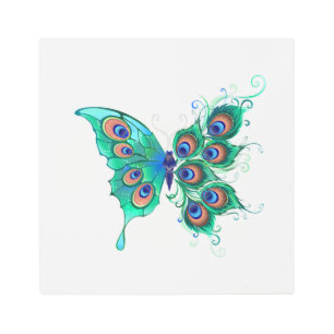 Butterfly with Green Peacock Feathers Metal Print