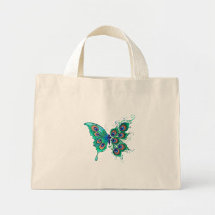 Butterfly with Green Peacock Feathers Mini Tote Bag