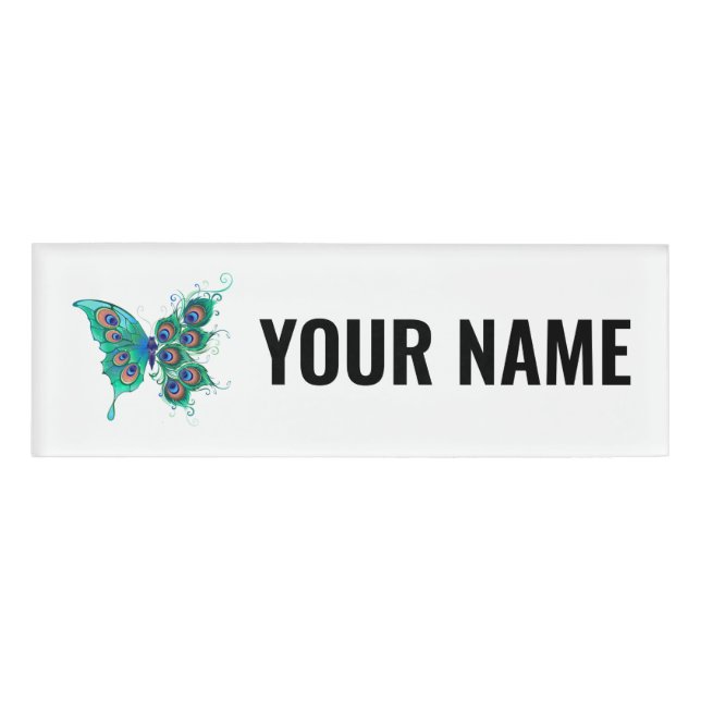 Butterfly with Green Peacock Feathers Name Tag (Front)