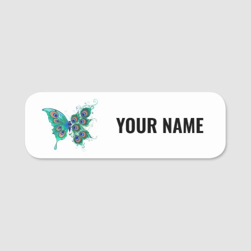 Butterfly with Green Peacock Feathers Name Tag