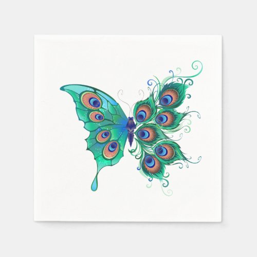 Butterfly with Green Peacock Feathers Napkins