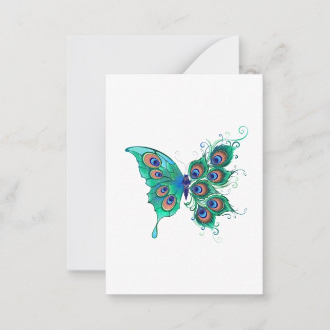 Butterfly with Green Peacock Feathers Note Card (Front)