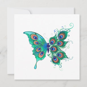 Butterfly with Green Peacock Feathers Note Card