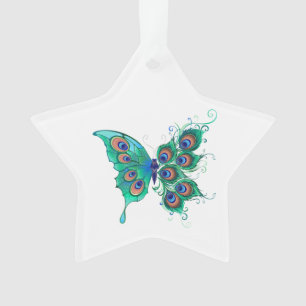 Butterfly with Green Peacock Feathers Ornament