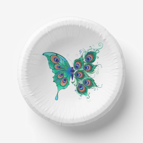 Butterfly with Green Peacock Feathers Paper Bowls