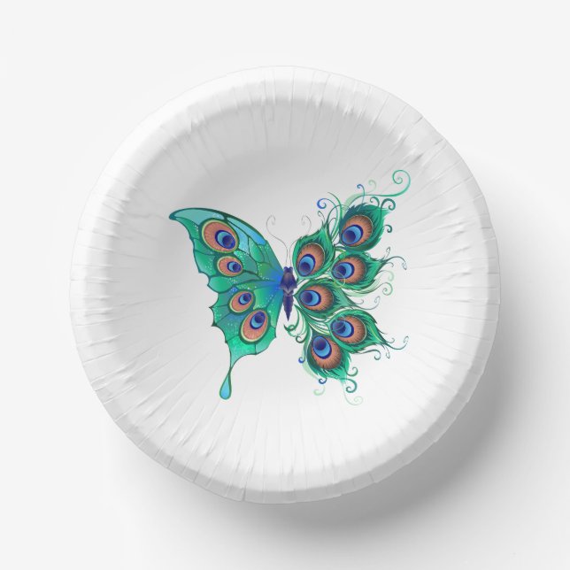 Butterfly with Green Peacock Feathers Paper Bowls (Front)