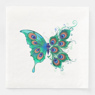 Butterfly with Green Peacock Feathers Paper Dinner Napkins