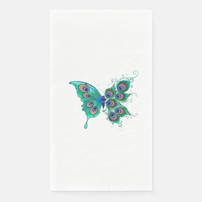 Butterfly with Green Peacock Feathers Paper Guest Towels (Front)