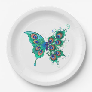 Butterfly with Green Peacock Feathers Paper Plates