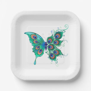 Butterfly with Green Peacock Feathers Paper Plates