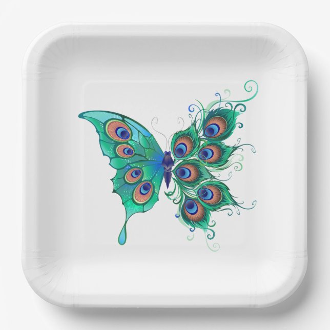 Butterfly with Green Peacock Feathers Paper Plates (Front)