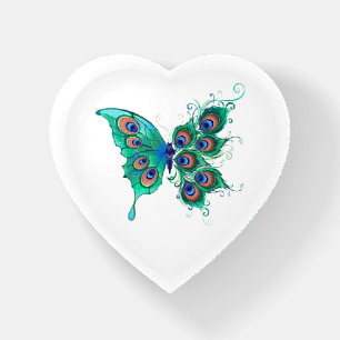 Butterfly with Green Peacock Feathers Paperweight