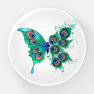 Butterfly with Green Peacock Feathers Paperweight
