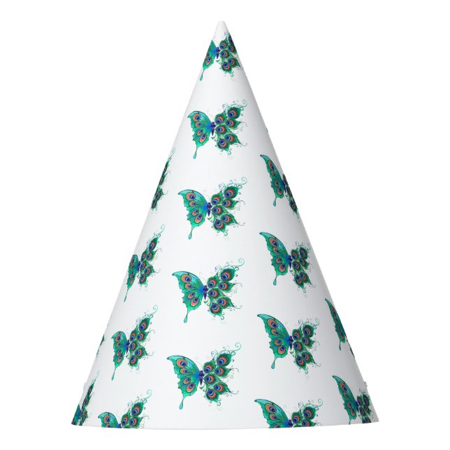 Butterfly with Green Peacock Feathers Party Hat (Front)