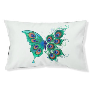 Butterfly with Green Peacock Feathers Pet Bed