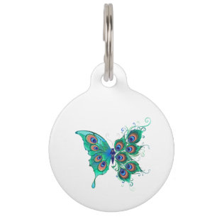 Butterfly with Green Peacock Feathers Pet ID Tag
