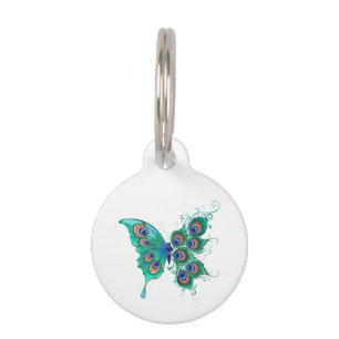 Butterfly with Green Peacock Feathers Pet ID Tag