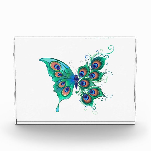 Butterfly with Green Peacock Feathers Photo Block (Front)